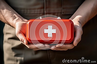 Hand of a young man firmly holding a first aid kit Stock Photo