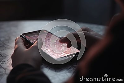 Hand of young man searching location in map online on smartphone AI generated Stock Photo