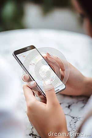 Hand of young woman searching location in map online on smartphone AI generated Stock Photo