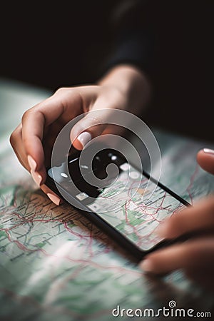 Hand of young woman searching location in map online on smartphone AI generated Stock Photo