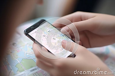 Hand of young woman searching location in map online on smartphone AI generated Stock Photo