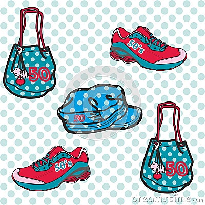 Handbag and sneaker pattern, accessories seamless background. Textile objects. - Vector Vector Illustration