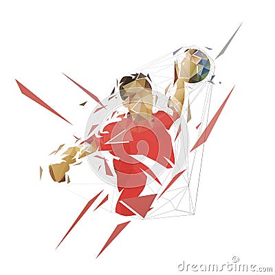 Handball player throwing ball and scoring goal, low polygonal isolated vector drawing, front view. Geometric handball logo from Vector Illustration