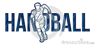 Handball Sport Text Designed with Player Action Cartoon Sport Graphic Vector Illustration