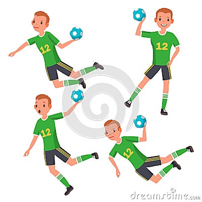 Handball Player Male Vector. Match Competition. Running, Jumping. Isolated Flat Cartoon Character Illustration Vector Illustration