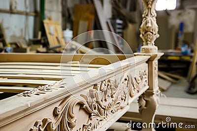 handcarved wooden bed frame with detailed headboard in a workshop Stock Photo