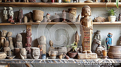 A handcarved wooden figurine in the shape of a traditional healer stands tall on a shelf surrounded by various other Stock Photo