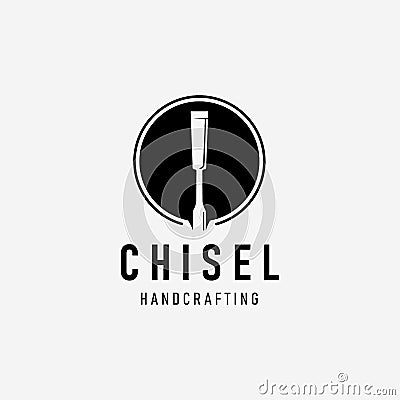 Handcraft with Chisel Carpentry Logo Vector Vintage, Simple Concept of Design Carver, Illustration of Engraver Vector Illustration