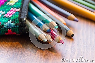 Handcraft pencil case and colors photograph Stock Photo