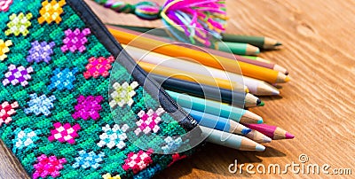 Handcraft pencil case and colors photograph Stock Photo