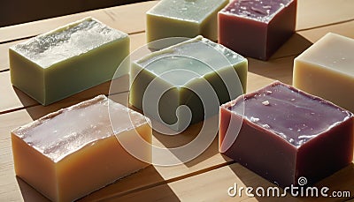 Handcrafted Artisan Soap Bars on Wooden Surface Stock Photo