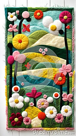 Handcrafted felt art feature lush gardens bloom flower sunny day lovely animal in a patchwork style Stock Photo