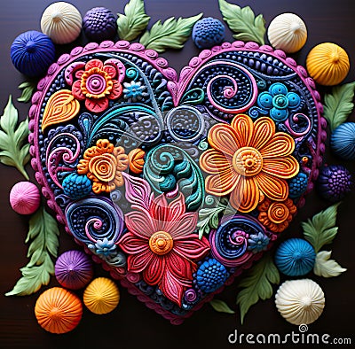 Handcrafted Floral Polymer Clay Heart. Artistic Heart, Love Symbol For Valentine's day Stock Photo