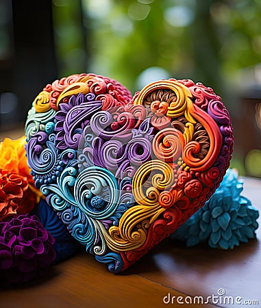 Handcrafted Floral Polymer Clay Heart. Artistic Heart, Love Symbol For Valentine's day Stock Photo