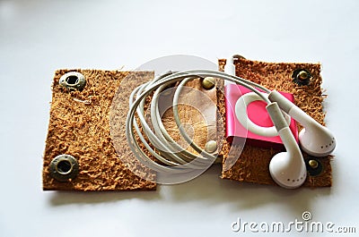Handcrafted genuine leather pocket for keep earphone cable Editorial Stock Photo
