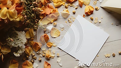 A handcrafted Mother's Day card surrounded by scattered flower petals, with a heartfelt, copy space Stock Photo