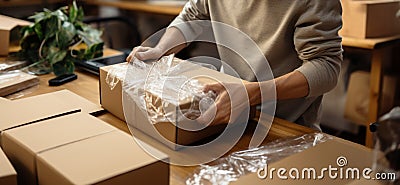 Handcrafted packaging: Close-up captures hands expertly packing and securing the item. Stock Photo