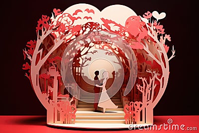 A handcrafted paper cutout of a bride and groom, symbolizing the joyous celebration of their wedding day, An open Valentine Stock Photo