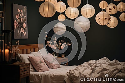 handcrafted paper lanterns hanging in a bedroom Stock Photo