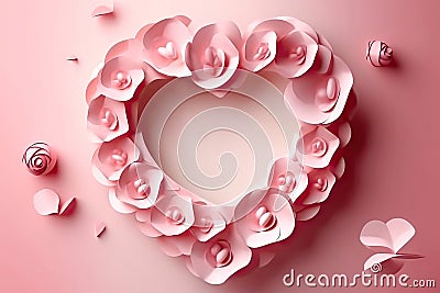 Handcrafted Pink Floral Heart in Paper Art - Generative AI Cartoon Illustration