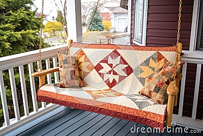 handcrafted quilt displayed on a charming porch swing Stock Photo
