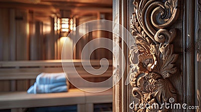 A handcrafted sauna interior with intricate carvings and details creating a cozy and intimate atmosphere. Stock Photo