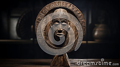 Handcrafted Wooden African Head Table With Ancient World Motifs Stock Photo