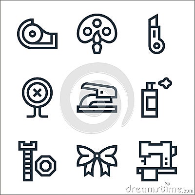 handcrafts line icons. linear set. quality vector line set such as sewing machine, bow, screw, paint spray, stapler, button, Vector Illustration