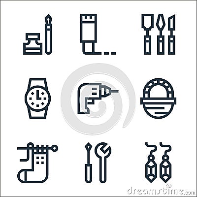 handcrafts line icons. linear set. quality vector line set such as earrings, screwdriver, sock, basket, drill, watchmaking, Vector Illustration