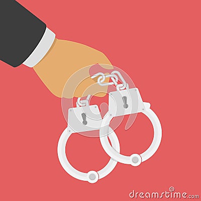 Handcuffs in his hands. Vector Illustration