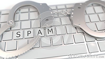 Handcuffs on keyboard with SPAM text on keys. Computer crime related conceptual 3D rendering Stock Photo