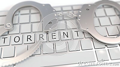 Handcuffs on keyboard with TORRENT text on keys. Computer crime related conceptual 3D rendering Stock Photo