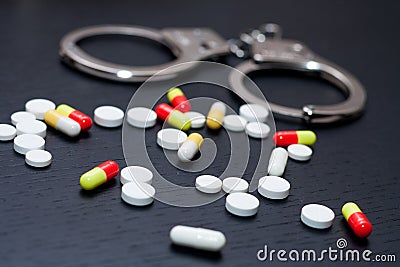 Handcuffs and pills and drugs on wooden table Stock Photo