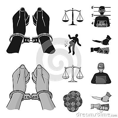 Handcuffs, scales of justice, hacker, crime scene.Crime set collection icons in black,monochrome style vector symbol Vector Illustration