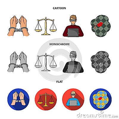 Handcuffs, scales of justice, hacker, crime scene.Crime set collection icons in cartoon,flat,monochrome style vector Vector Illustration