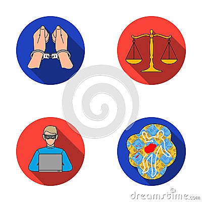 Handcuffs, scales of justice, hacker, crime scene.Crime set collection icons in flat style vector symbol stock Vector Illustration