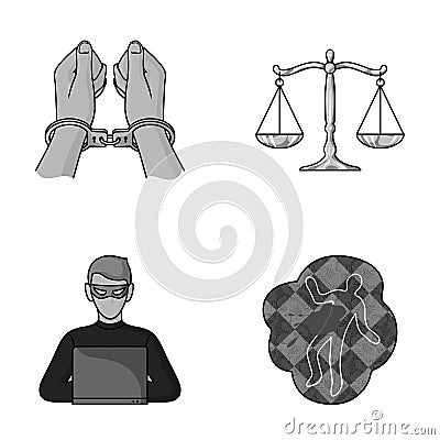 Handcuffs, scales of justice, hacker, crime scene.Crime set collection icons in monochromet style vector symbol stock Vector Illustration