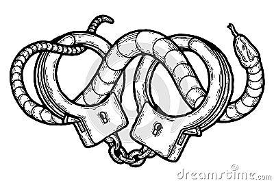 Handcuffs. Vintage police engraved style, retro hand draw prison graphic, metal security, snake. Vector sketch Vector Illustration
