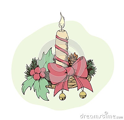 Handdrawn chrismas decoration with candle sketch Vector Illustration