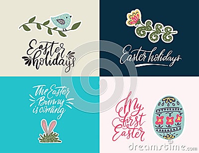 Handdrawn Easter cards with cute illustrations. Vector Illustration