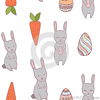 Handdrawn easter seamless pattern bunny and carrot Cartoon Illustration