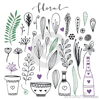 Handdrawn floral doodle collection. Cute decorative elements for design invitation and greeting cards. Vector set Vector Illustration