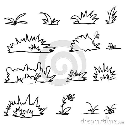 Handdrawn grass fresh spring plants, different herbs and bushes in doodle cartoon style vector Vector Illustration