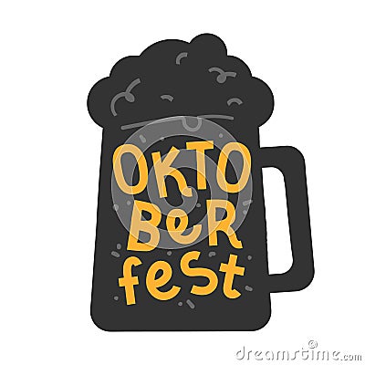 Handdrawn illustration in black and yellow colors with beer mug and handwritten lettering for oktoberfest celebration. Vector Illustration