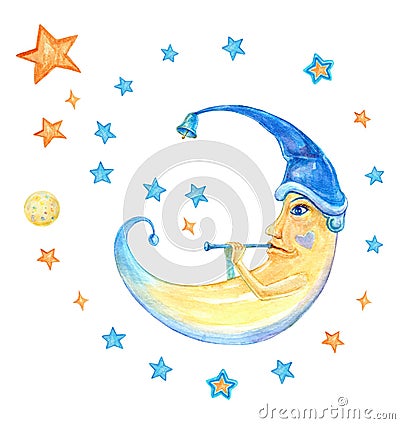 Handdrawn illustration with cartoon moon in magic hat playing the flute starry melody. Cartoon Illustration