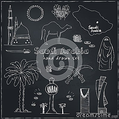 Handdrawn Illustration of Saudi Arabia Landmarks and icons with country English Arabic Modern doodle sketch vector Vector Illustration