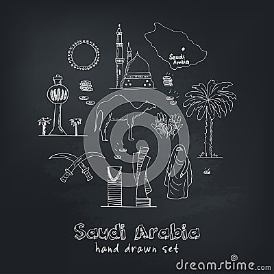 Handdrawn Illustration of Saudi Arabia Landmarks and icons with country English Arabic Modern doodle sketch vector Vector Illustration