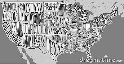 Handdrawn illustration of USA map with hand lettering names of states Vector Illustration
