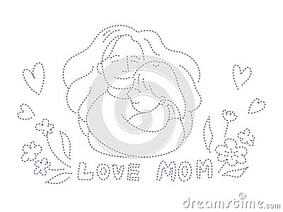 Handdrawn mom hugging child, mother's day concept. Black and white dotted line drawing Vector Illustration