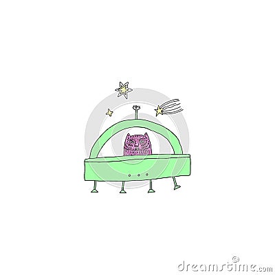 Handdrawn mystical cat UFO in Space. Cartoon doodle stupid style. Halloween fairy tale theme. Vector Cartoon Illustration